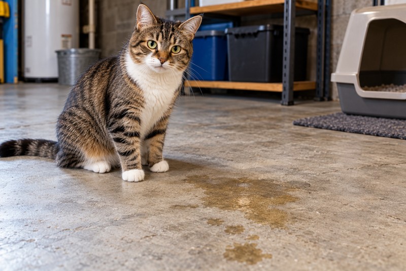Cat sitting beside a urine stain on a concrete floor