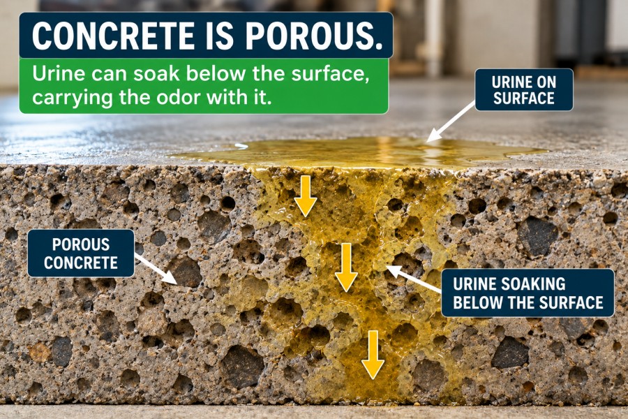 Diagram showing urine soaking below the surface of porous concrete