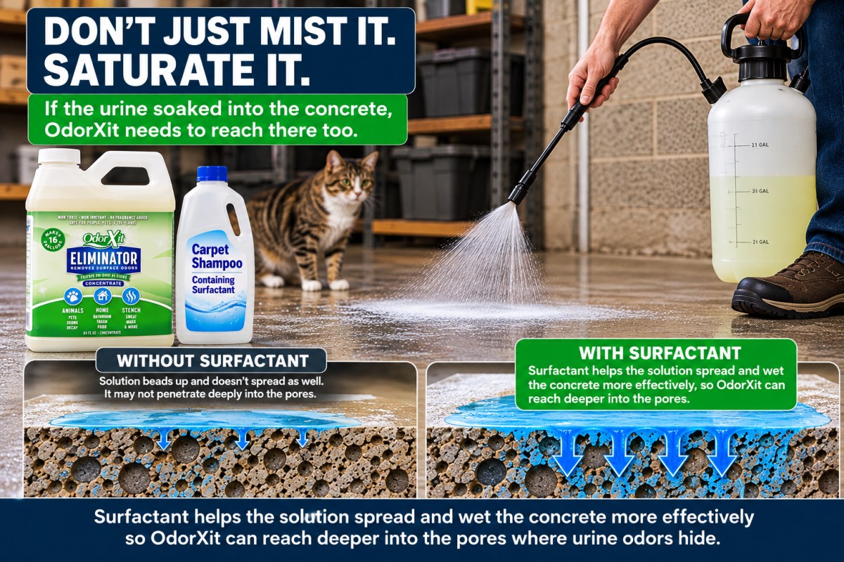 Saturating concrete with OdorXit so the solution reaches urine in the pores