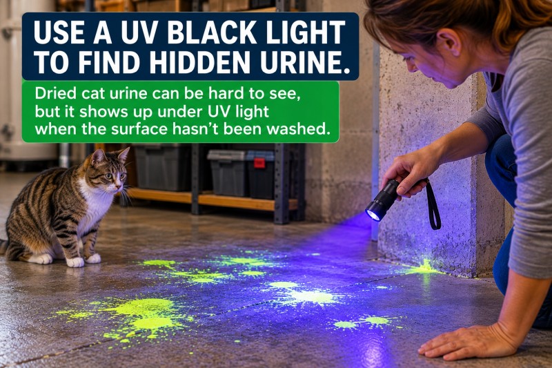 UV black light revealing hidden cat urine on concrete